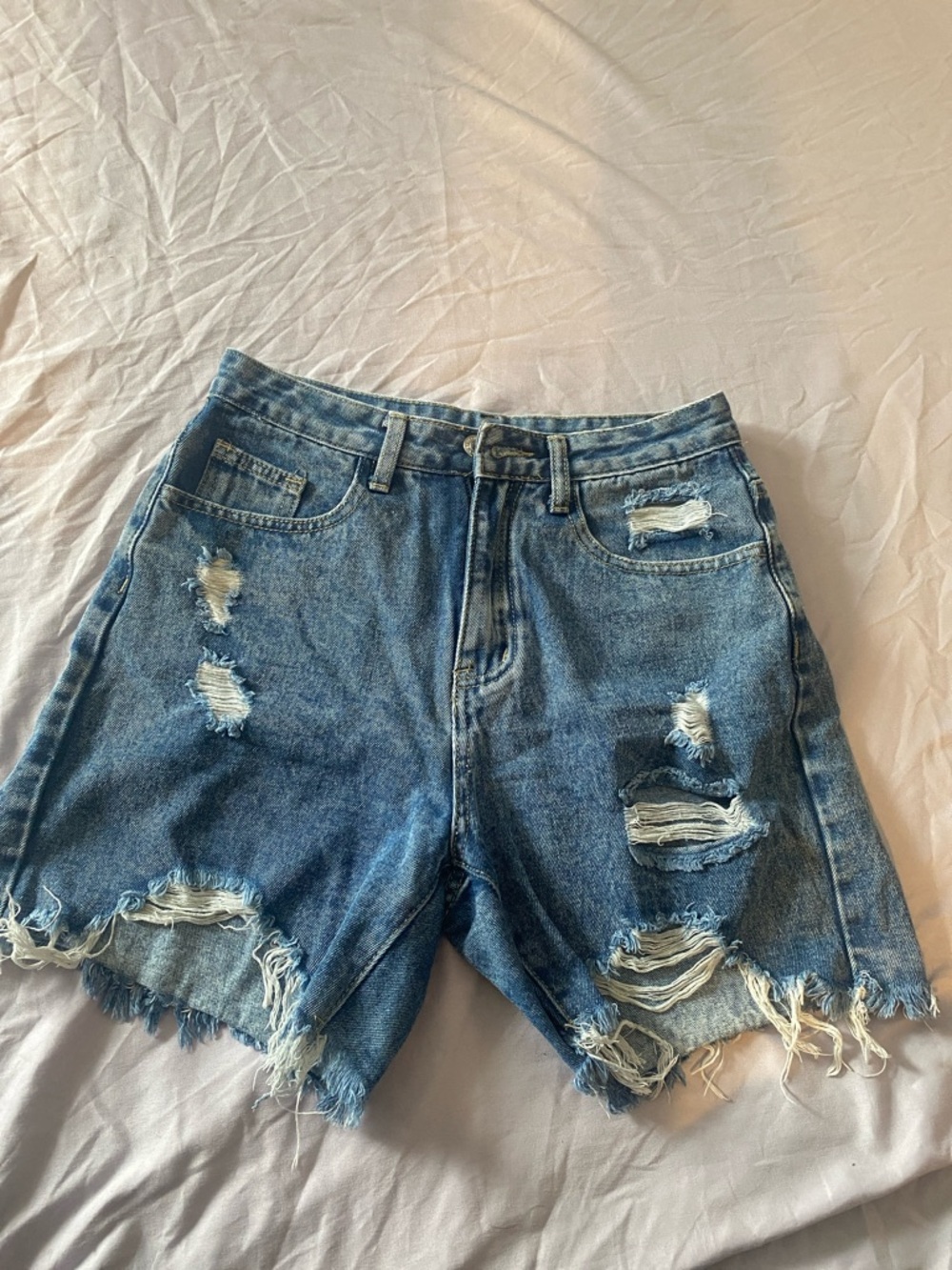 SHEIN Distressed Frayed High-Rise Denim Shorts - Blue